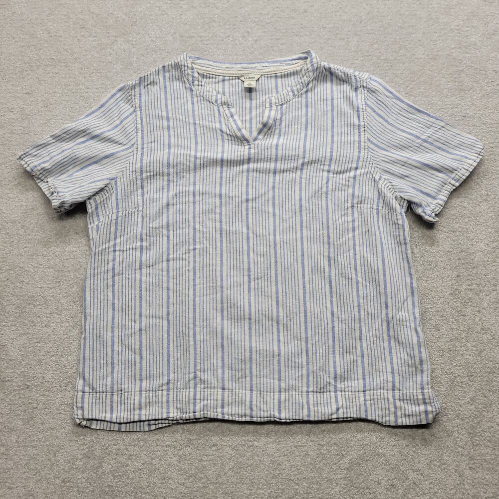 LL Bean Womens M Blue White Striped Short Sleeve Split Neck Casual Blouse Top